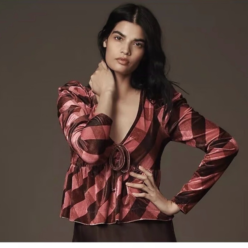 NWT Maeve raspberry velvet plaid babydoll blouse